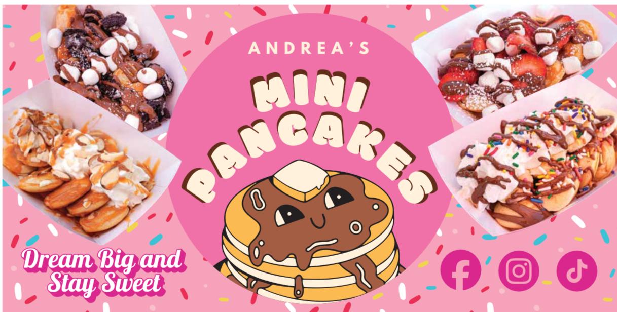 Andrea's Mini Pancakes banner with assorted toppings